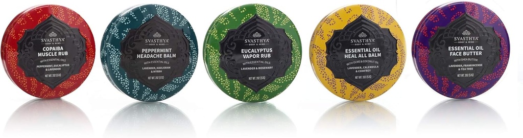 SVASTHYA BODY & MIND Essential Oil Balms Multi Pack Gavesæt - Inkluderer Muscle Rub, Hovedpine Balm, Vapor Rub, Heal All Balm og Face Butter - Lavet i USA, 1 ea -5 Pack