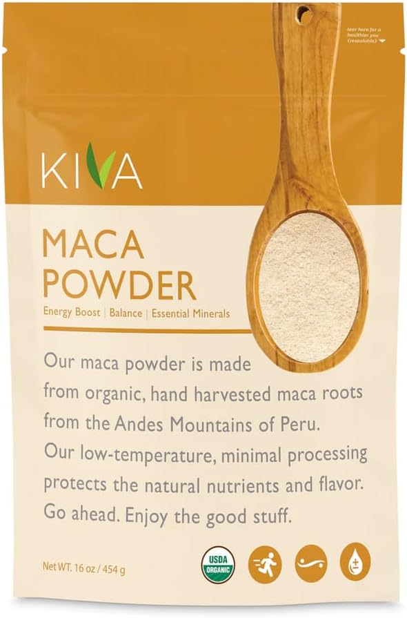 Kiva Organic Maca Powder, Pure Autentiske Peruvian Maca Root Powder til supercharge dit helbred, Support for Energy, Superfood, 16 oz