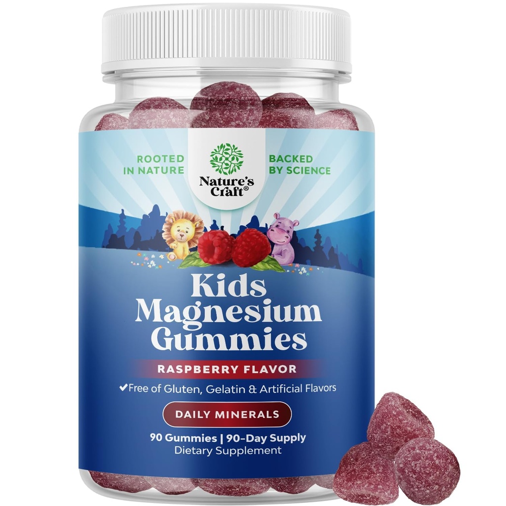 Kids Magnesium Gummies - rolig afspænding Mg Citrate supplement med Raspberry Flavor - rolig Magnesium supplement til nerve sundhed muskler & sund hjerte støtte - Mag Citrate Gummies - 90 Count Pack