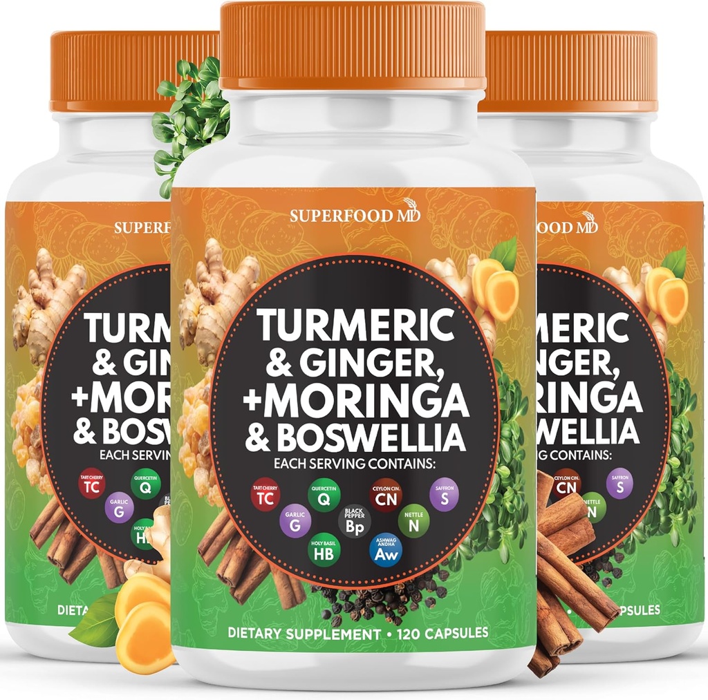 Gurkemeje Moringa 50000mg Supplement Note 124; Ginger Boswellia 3000mg Safran 2000mg Holy Basil- Joint Support Supplement for kvinder og mænd med Ceylon Cinnamon, Quercetin, Tart Cherry - 360 Tæl