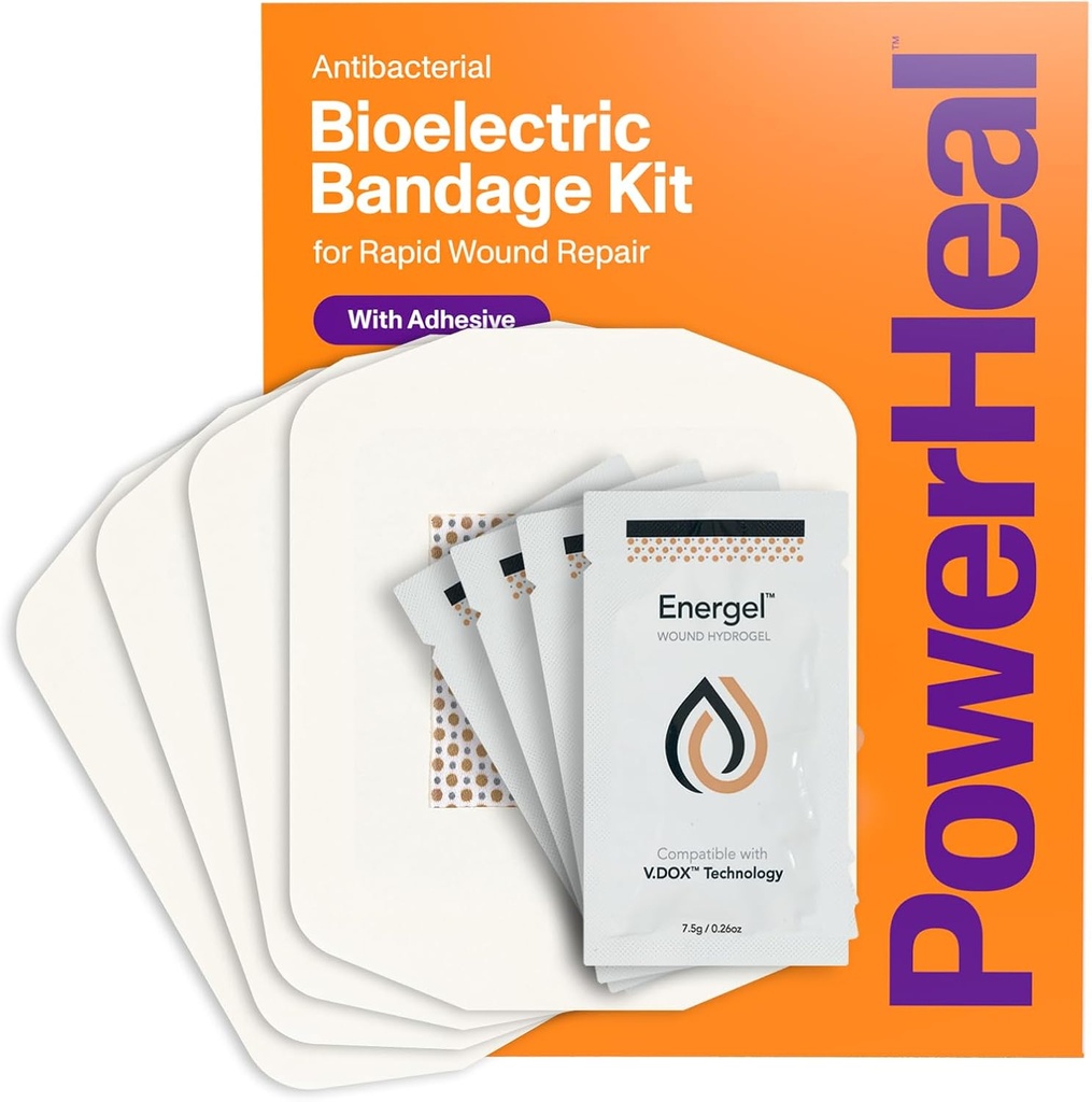 PowerHeal Bioelectric Bandage Kit til Sårpleje & Hurtig Healing - 3-Layer w / Bioelectric Pad, Absorbent Pad, Adhesive + Sårhydrogel - til Cuts, Abrasions, Blisters, Burns - 4-Pack, 4 "x 4"