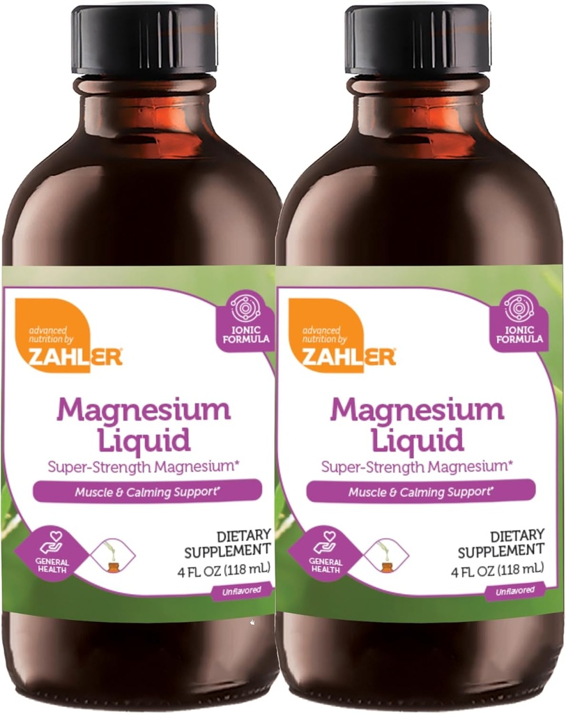 Zahler Magnesium Liquid Super- Strength Magnesium Muscle Calming Support, 4 FL OZ. Uden smag. (2 pakning)