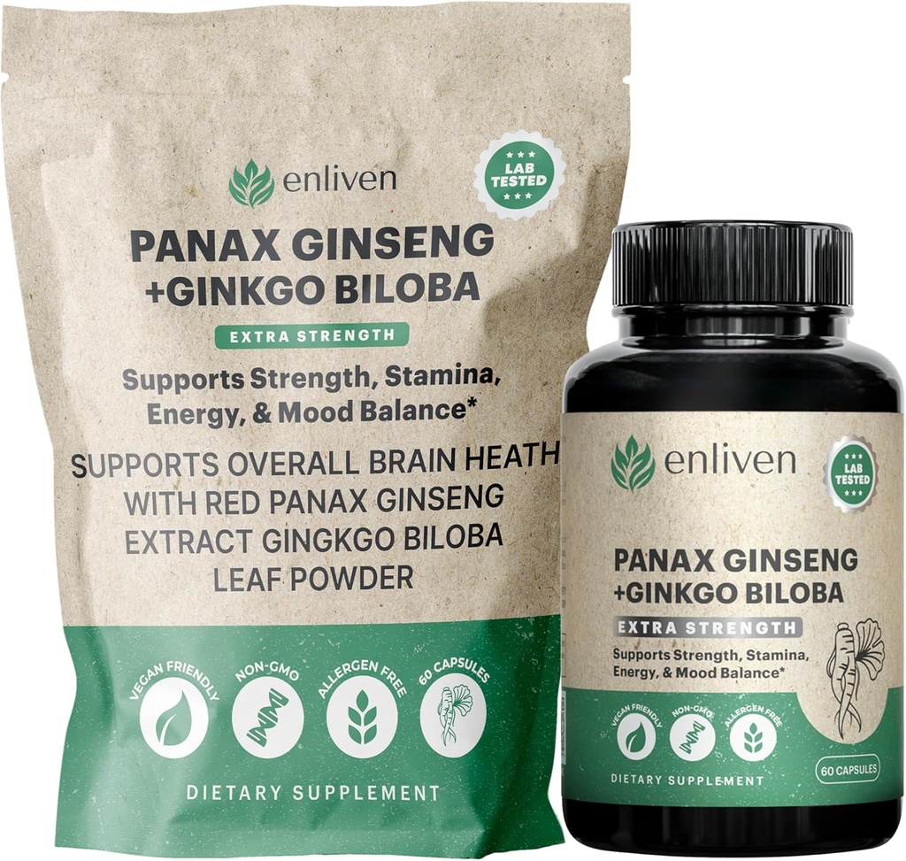 Panax Ginseng & Ginkgo Biloba Supplement for energi, Focus & Brain Health