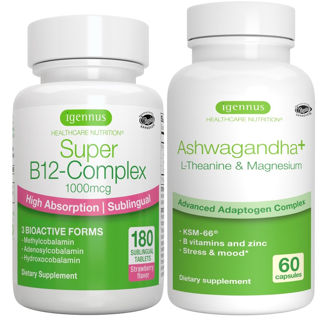Super B12- Complex 1000mcg + Advanced Ashwagandha KSM- 66, L- Theanine & Magnesium Bundle, High Absorption Sublingual Vitamin B12 + Multi Action Adaptogen Complex, af Igennus