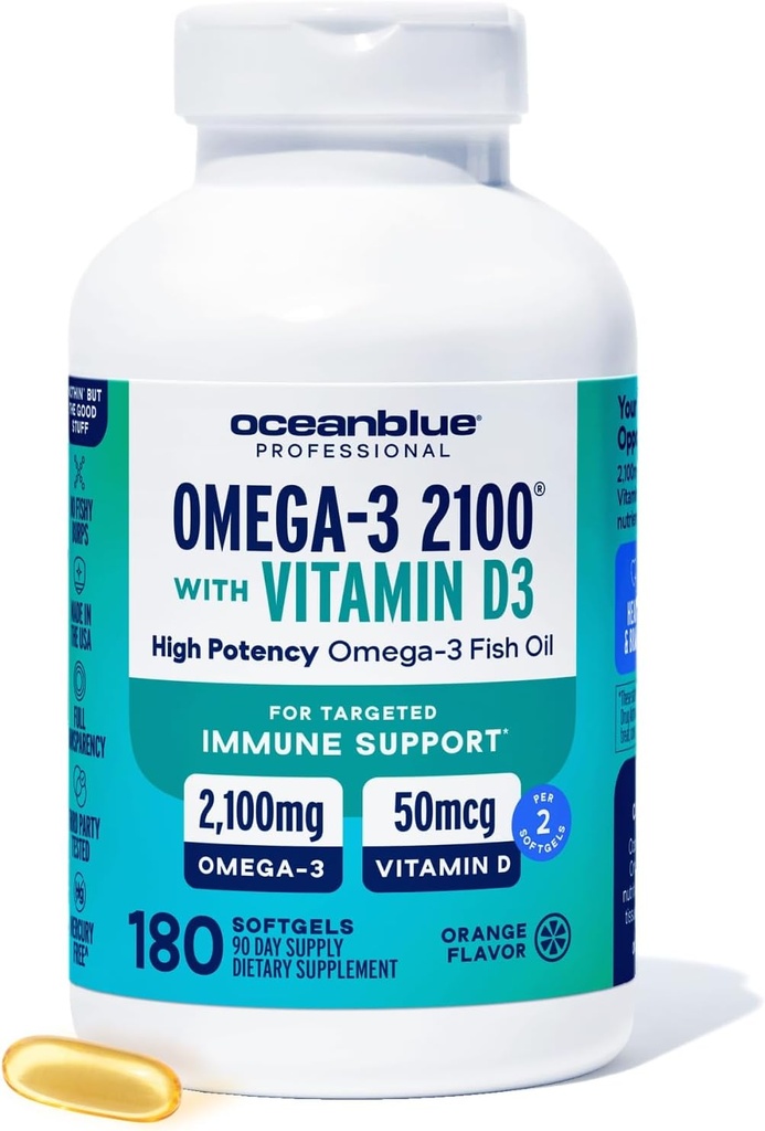 Oceanblå Professional Fish Oil med D3- vitamin 124; Triple Strength 2100mg Omega 3 DPA EPA DHA 124; Wild Caught • 124; Burpless Orange Flavor, 90 Servering (180 Greve)