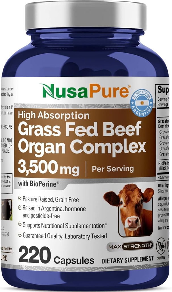 NusaPure Grass Fed Oksekød orgel Complex 124; 220 Capsules Yep 124; Pasture Raised 124; med udtørret lever, Kidney, Pancreas, Heart, Milten Mep 124; Soyfree Non- GMO, Bioperine