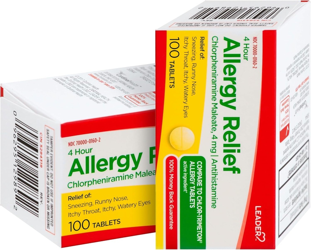 Leader 4 Hour Allergy Relief, Chlorpheniramin Maleate Tablets, Antihistamin, 4 mg, 100 Count, Pack of 2