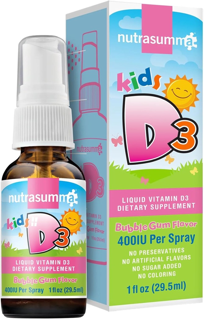 Nutrasumma Kids Vitamin D3 400 IE Spray Bubble Gum Flavor- 1oz- naturligt høj Absorptionsrate Understøtter Bone øger immunsystemet Vitamin supplement