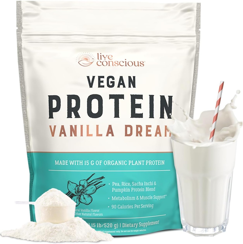 Live Conscious Vegan Pea Protein Powder - Vanilla Dream Flavor Buddy 124; Plant- baseret Vegan Protein Blend - Pea, Brown Rice, Pumpkin, Sacha Inchi Buddy 124; 20 Servere 18 oz