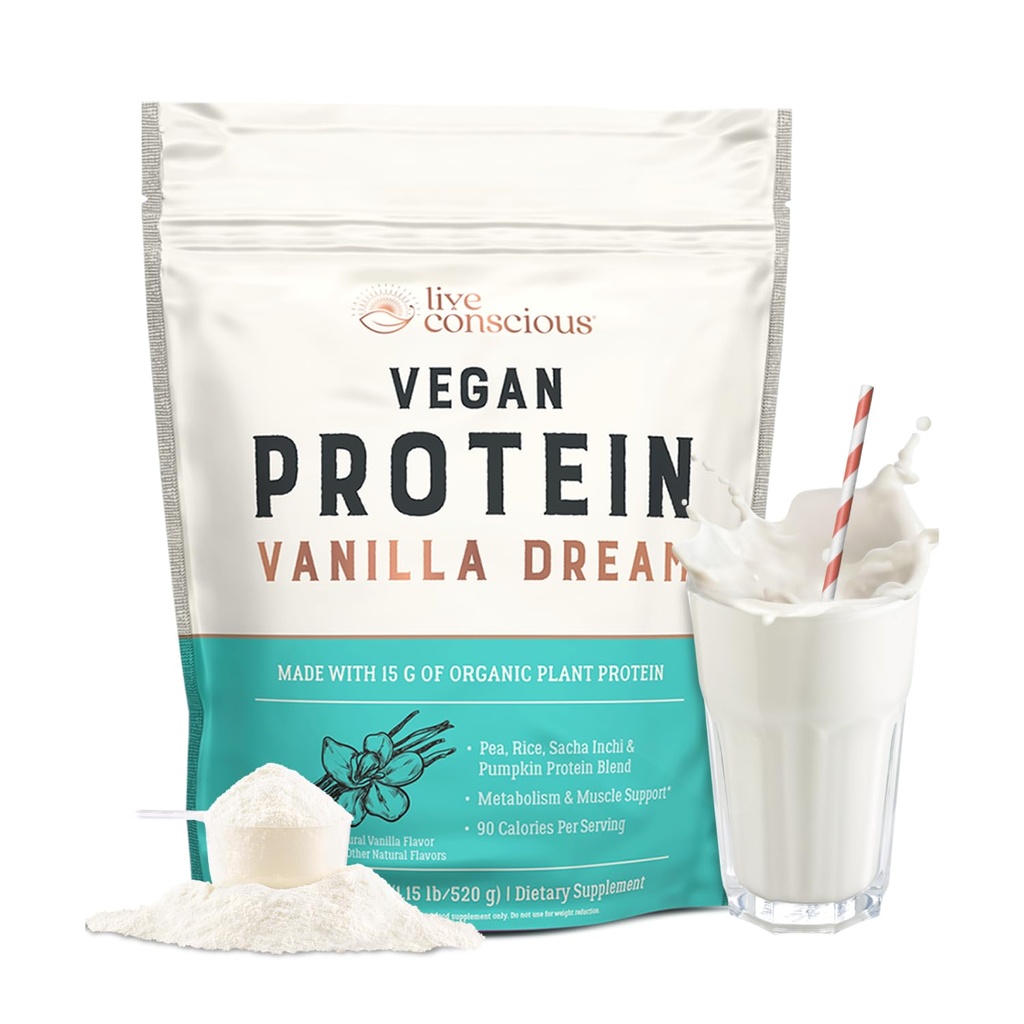Live Conscious Vegan Pea Protein Powder - Vanilla Dream Flavor Buddy 124; Plant- baseret Vegan Protein Blend - Pea, Brown Rice, Pumpkin, Sacha Inchi Buddy 124; 20 Servere 18 oz