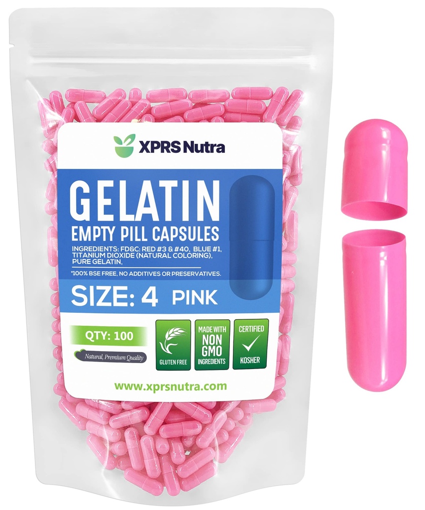 XPRS Nutra Størrelse 4 Tomme kapsler - 100 Tomme Gelatine kapsler - Piller gør det selv Capsule Fyldning - Pure Bovine Pille Gel Caps (Pink)