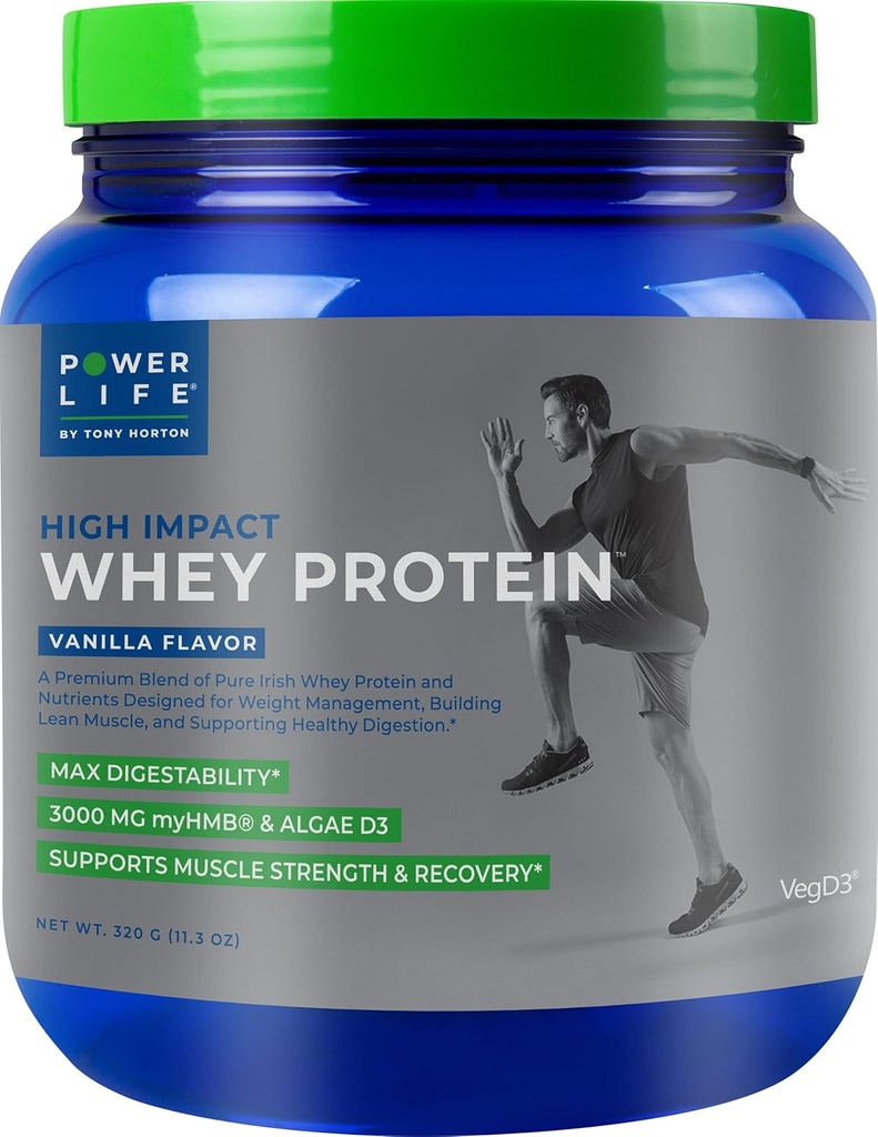 POWERLIFE Tony Horton High Impact Grass Fed Whey Protein med 3000 MG HMB, Ingen sukker tilføjet, Non- GMO, Hormone og Antibiotic Free, 15 Servere (Vanilla)