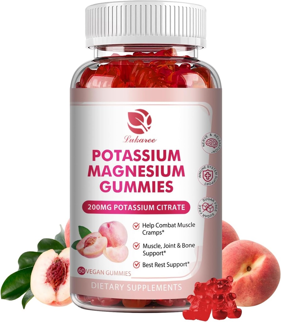 Kalium Magnesium Gummier - Høj Absorption Magnesium Glycinat & Kalium Citrate 200mg Plus Omega 3, B6, D3, K2 & Calcium - Chewable Gummy for Immunity & Energy - Peach Flavor - 60 Greve