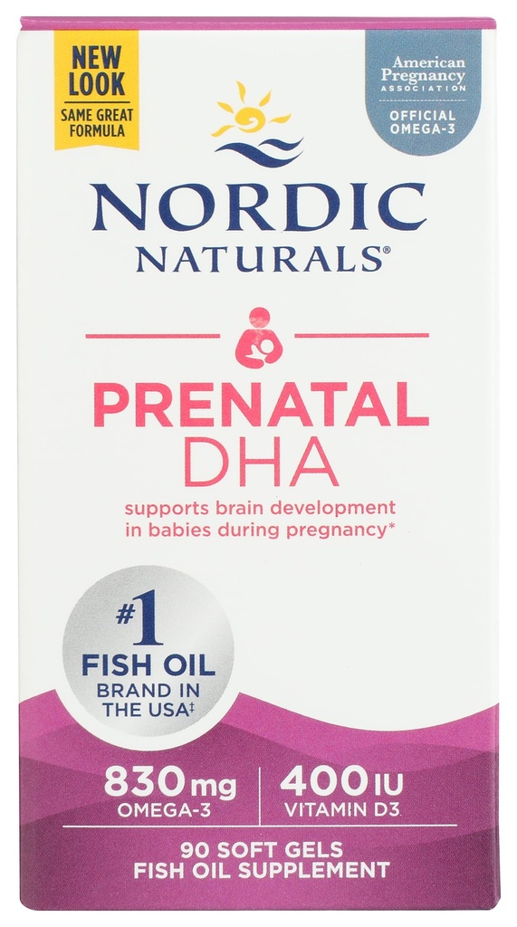 Nordic Naturals Pro Prenatal DHA, Unflavored - 830 mg Omega-3 + 400 IE D3- 90 Soft Gels - understøtter hjernens udvikling i spædbørn under graviditet og amning - ikke-GMO - 45 Serveringer