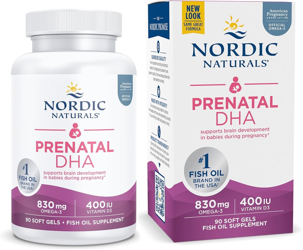 Nordic Naturals Pro Prenatal DHA, Unflavored - 830 mg Omega-3 + 400 IE D3- 90 Soft Gels - understøtter hjernens udvikling i spædbørn under graviditet og amning - ikke-GMO - 45 Serveringer