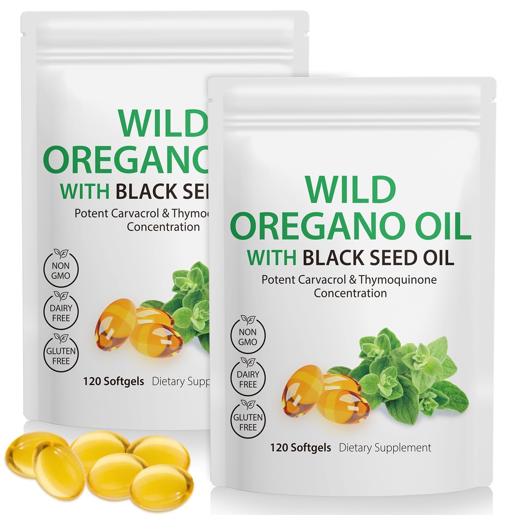 Olie af Oregano Softgels 6000mg Per Serving 240 Grev 124; 2 i 1 Formuleret med Black Seed Oil 200mg, 4X Styrke Carvacrol & Thymoquinone Budd124; Plant Based, Non- GMO & immunforsvar
