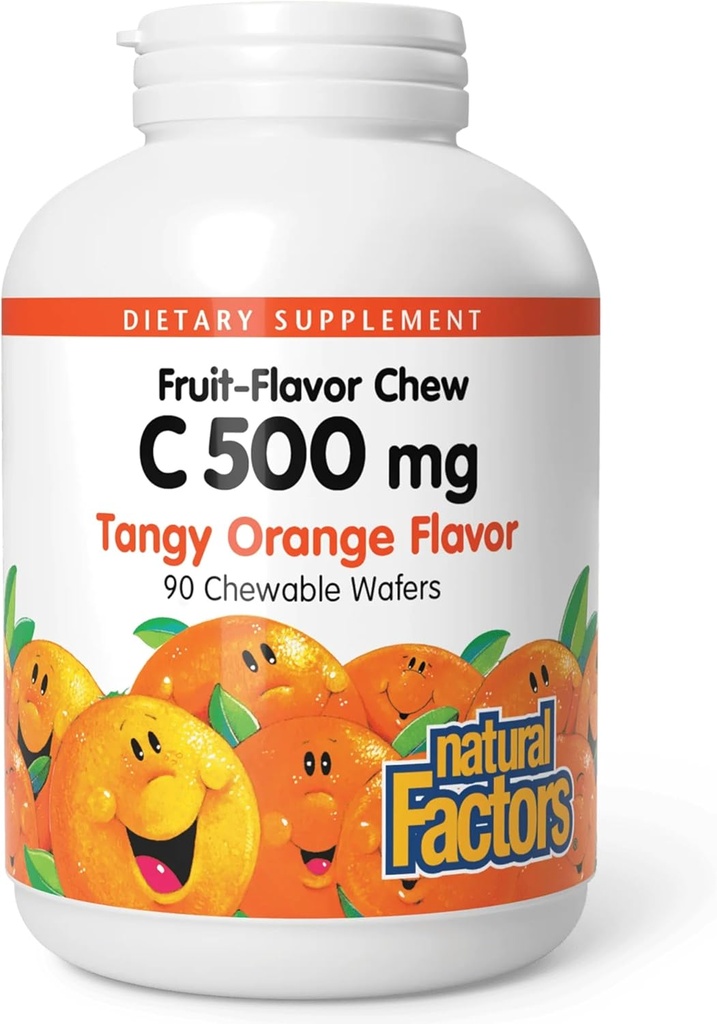 Naturlige faktorer, C-vitamin 500 mg, Kids Chewable to Support Sunde Knogler og tænder, Tangy Orange, Vegan, Non- GMO, 90 wafere (90 portioner)