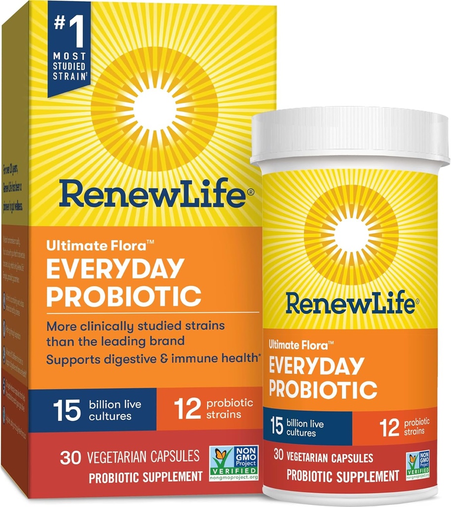 Renew Life Everyday Probiotic Capsules, Daily Supplement Understøtter urinære, fordøjelses- og immunsundhed, L. Rhamnosus GG, Dairy, Soy og Gluten- Free, 15 milliarder CFU, 30 Greve