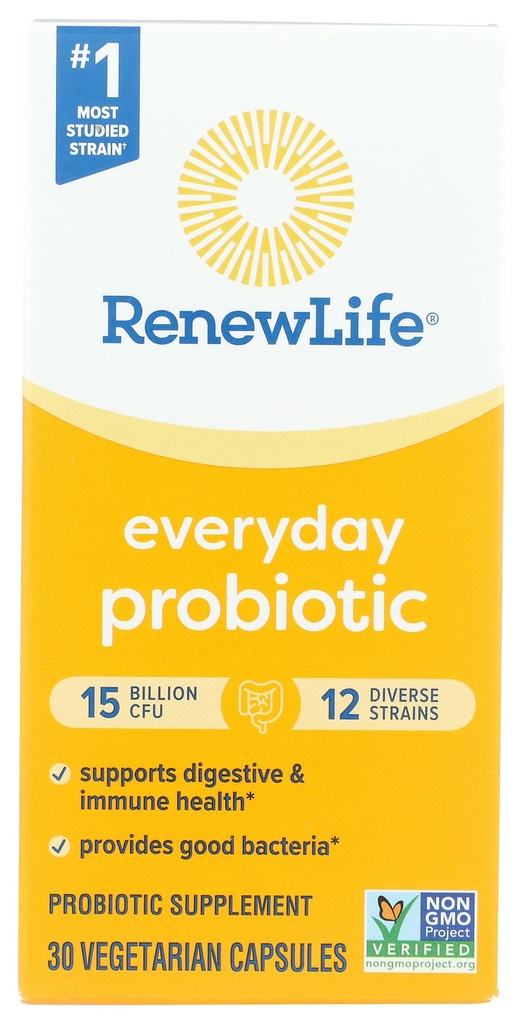 Renew Life Everyday Probiotic Capsules, Daily Supplement Understøtter urinære, fordøjelses- og immunsundhed, L. Rhamnosus GG, Dairy, Soy og Gluten- Free, 15 milliarder CFU, 30 Greve