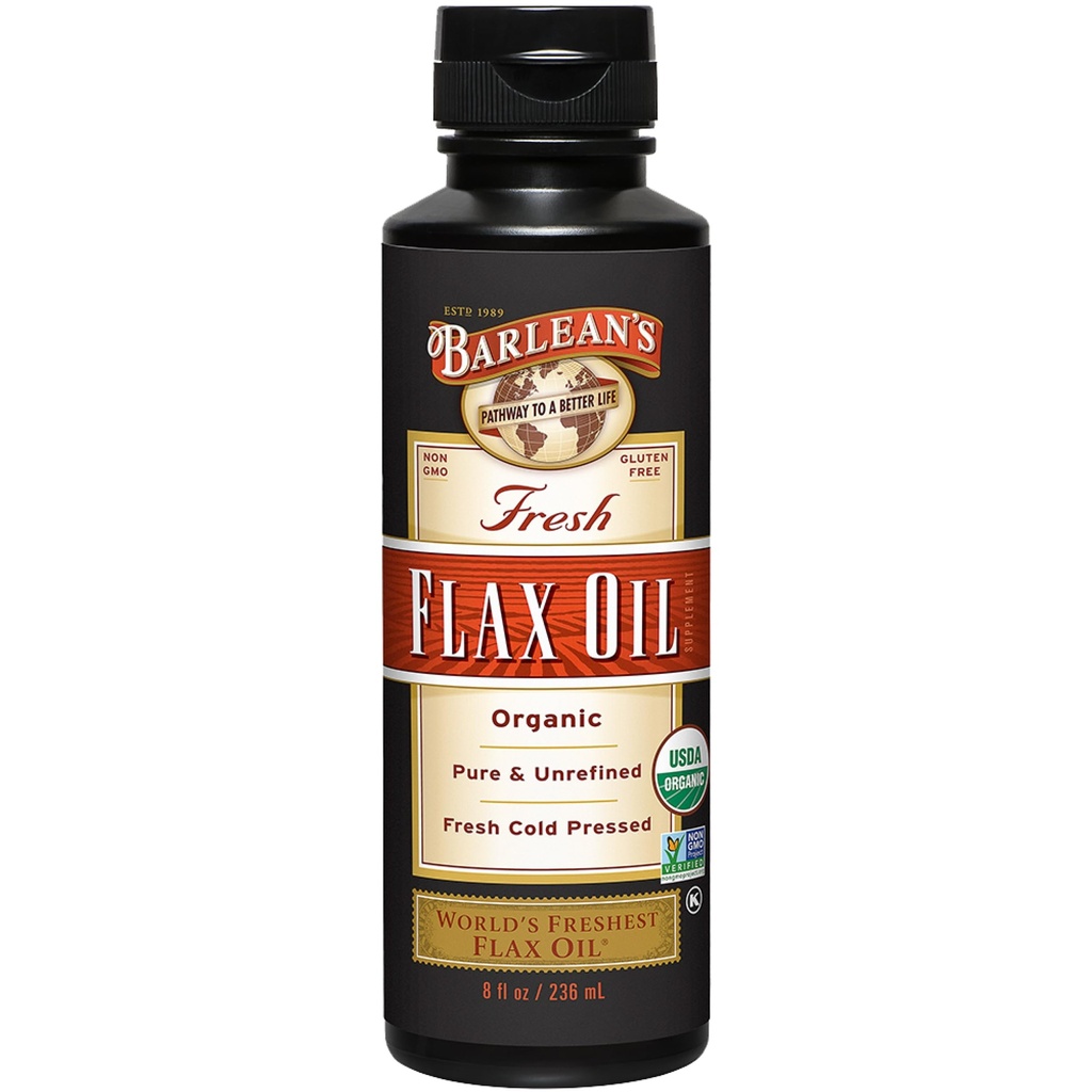 Barlean 's Organic Flaxseed Oil Liquid from Fresh Cold Pressed Flax Seeds, 7,640mg ALA Omega 3 Fedtsyretilskud til hud og hår, Vegan & Gluten Free, 8 oz