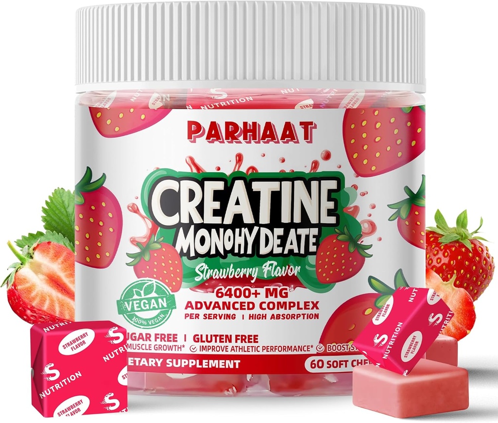 Creatin monohydrat Chews Complex 6400mg for mænd og kvinder -Advanced Formel W / L- Taurine + Vitamin B12, Sukker Free Chewable Supplement, 60 Strawberry Softchews