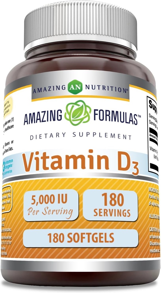 Amazing Formulas Vitamin D3 (Cholecalciferol) Supplement- 124; 5000 IE pr servering - 124; 180 Softgels - 124; Non- Gmo - 124; Gluten- Free - 124; Fremstillet i USA
