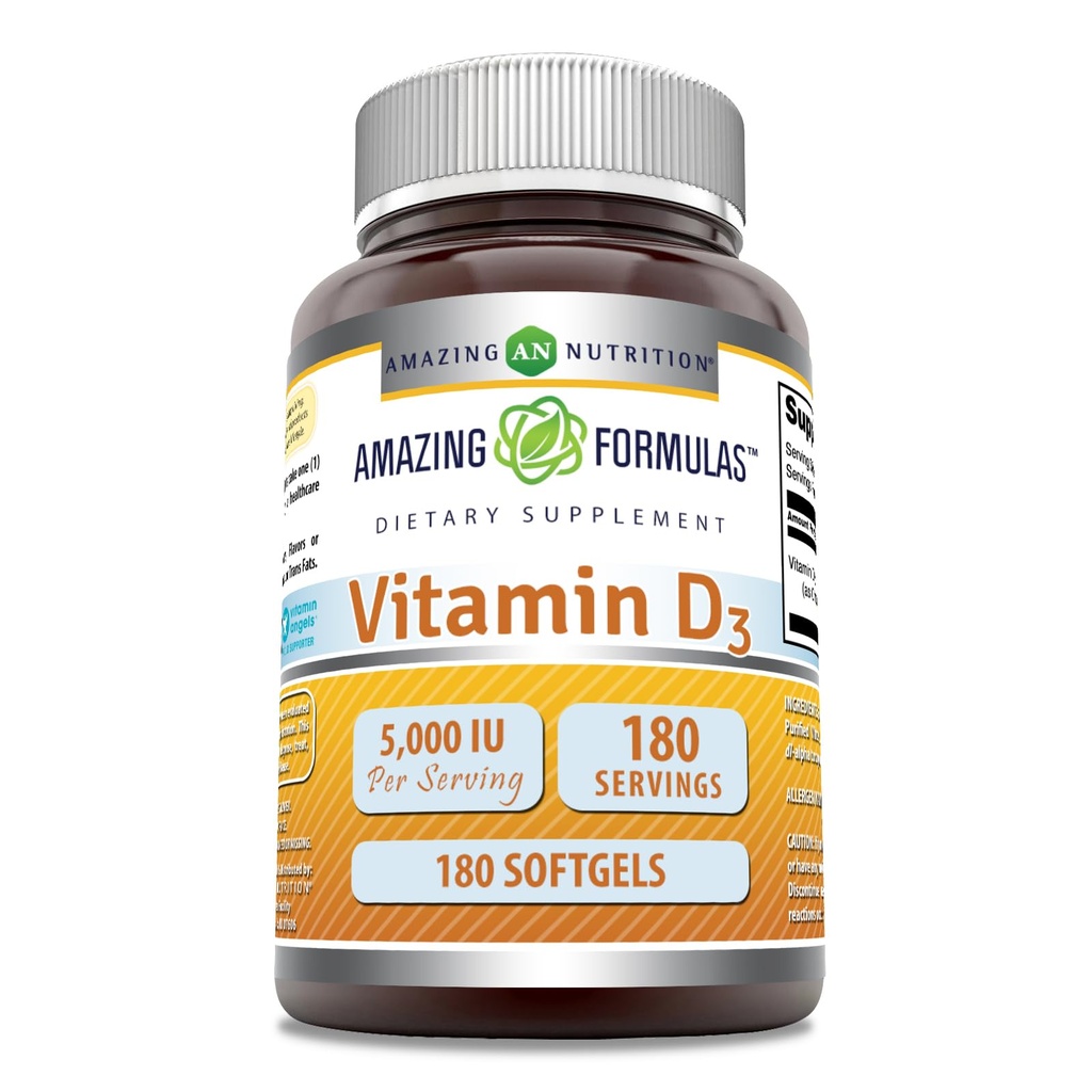 Amazing Formulas Vitamin D3 (Cholecalciferol) Supplement- 124; 5000 IE pr servering - 124; 180 Softgels - 124; Non- Gmo - 124; Gluten- Free - 124; Fremstillet i USA