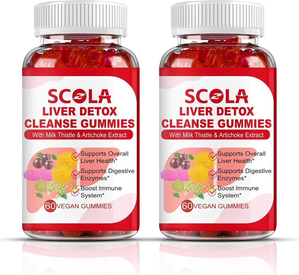 SCOLA lever rense Detox & reparation Gummies, Lever Support Inkluderer mælk tidsel ekstrakt med Silymarin, Mælkebøtte, Cikorie Root, Lever kosttilskud, 120 Tæl