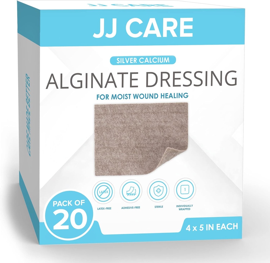 JJ CARE Sølv Calcium Alginate Sårpåklædning (Pack of 20) 4x5, Sølv Alginate Sårpåklædning Individuelt pakket, Højt Absorbent Non-Adherent Bandager til Sårpleje