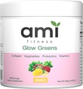 Glow Green Powder, Collagen med Probiotika, Vitaminer, fordøjelsesenzymer, Superfoods, Gut Health, Bloating Relief, Radiant Skin, Natural Glow, Spirulina, Juice Mix, 30 SVG, Mango