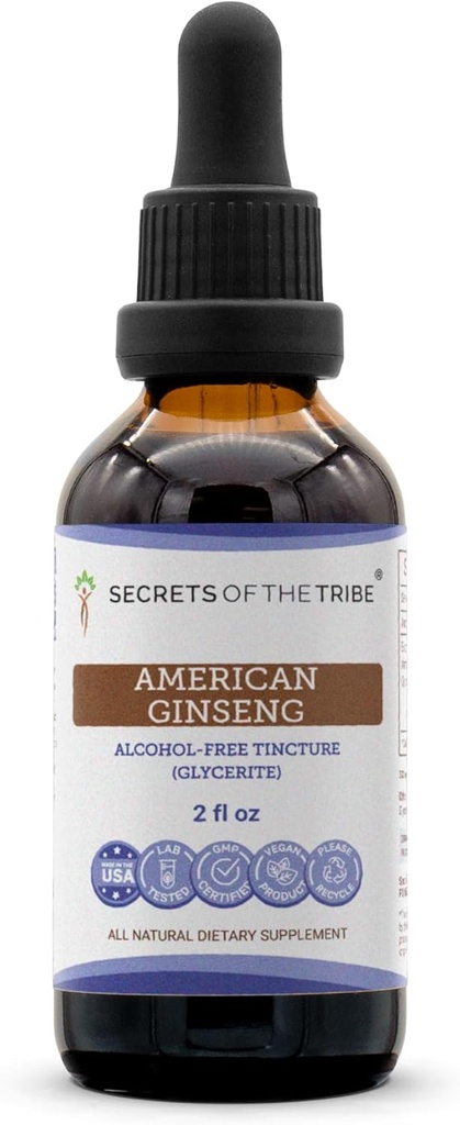 Secrets of the Tribe American Ginseng Tincture Alcohol- Free Extract, Farm Grown American Ginseng (Panax Quinquefolius) Tørret Root Tincture Supplement (2 FL OZ)