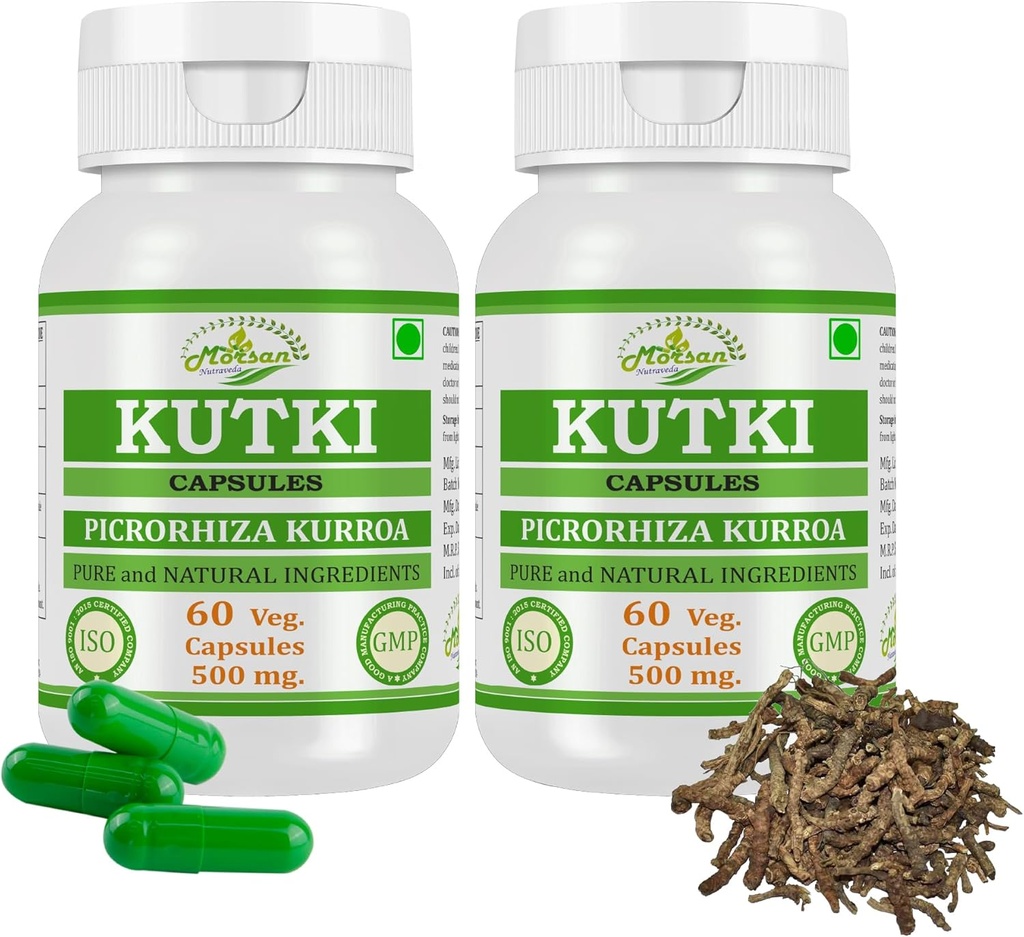 Naturlige og Pure Herbal Picrorhiza KURROA (Kutki) Uddrag Kapsler 124; Højeste Potency, 100% Herbal Produkt Budd124; Pack af 60 X 500 mg. Veg. Kapsler (Pack af 2 Jar)
