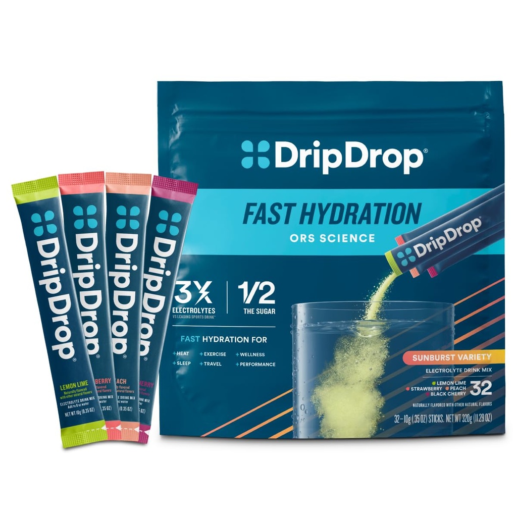DripDrop Hydration Pakninger - Sunburst Variety Pack - Single Serve Electrolytes Powder Mix - Lemon Lime, Strawberry, Peach, Black Cherry - non-GMO, Gluten Free, Vegan - 32 sticks