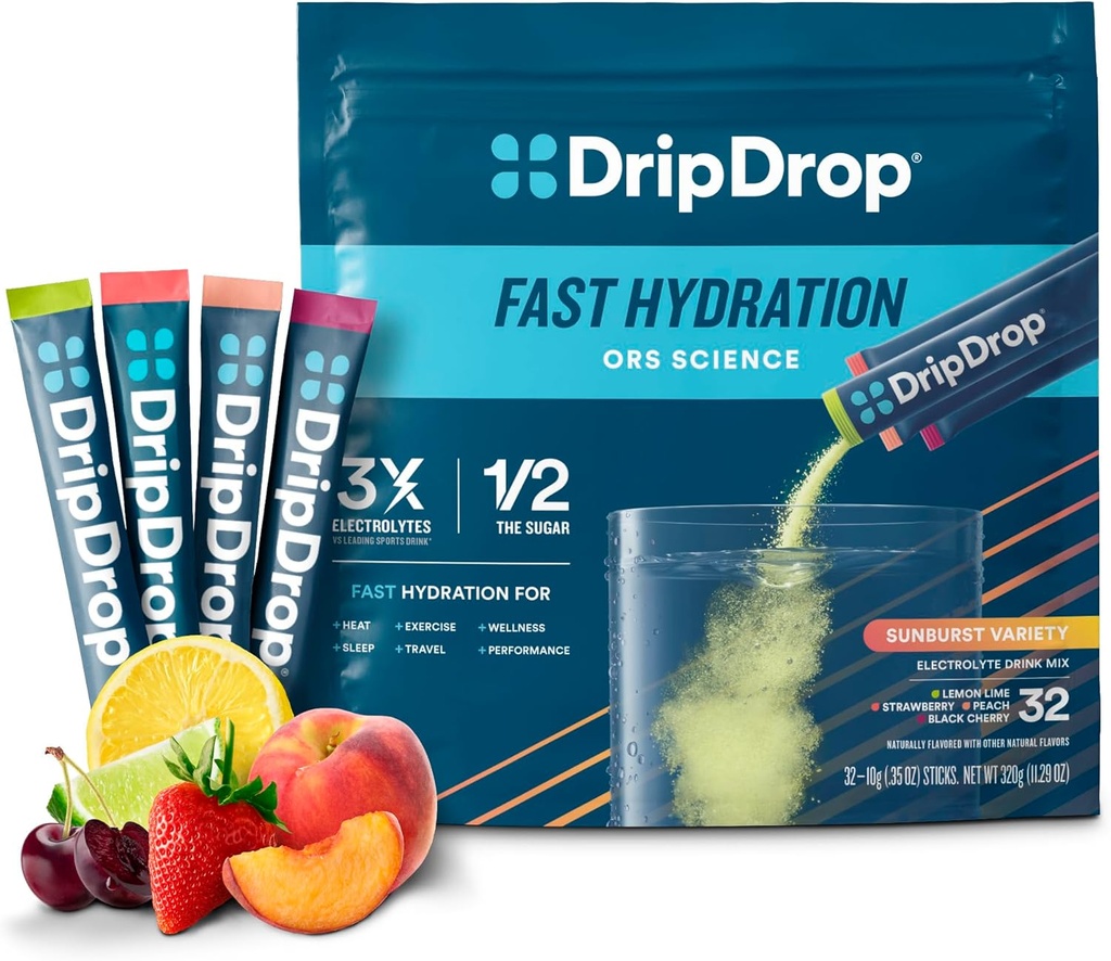 DripDrop Hydration Pakninger - Sunburst Variety Pack - Single Serve Electrolytes Powder Mix - Lemon Lime, Strawberry, Peach, Black Cherry - non-GMO, Gluten Free, Vegan - 32 sticks