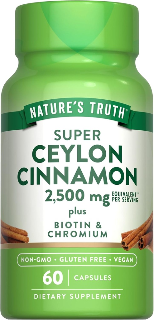 Nature 's Truth Ceylon Cinnamon Capsules Removal 124; 2500mg Removal 124; plus Chrom og Biottin Removal 124; 60 Greve Removal 124; Vegan, Non- GMO & Gluten Free Supplement