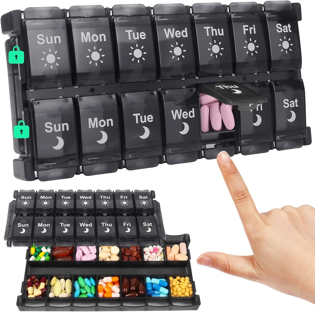 Shintop Weekly Pill Box 2 gange om dagen, Let fyld Medicin Pill Organizer Trykknap Pill sag Morgen Nat Vitamin Organizer til fisk olie kosttilskud