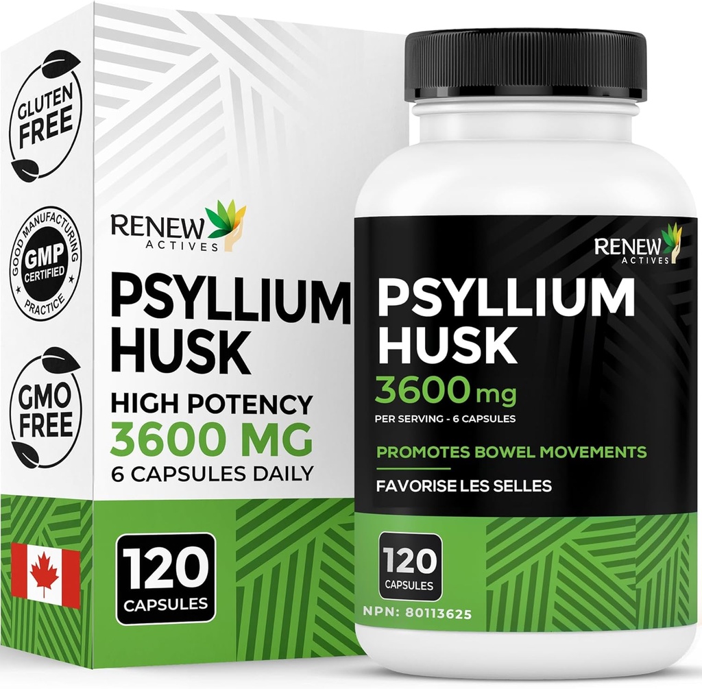 Renew Actives Psyllium Husk 1200MG per 2 Kapsler - Bulk-Forming Laxative & Opløselig Fiber til fordøjelse, regelmæssighed & voksen Wellness - Pure Ingredients - Made in Canada - 120 Kapsler