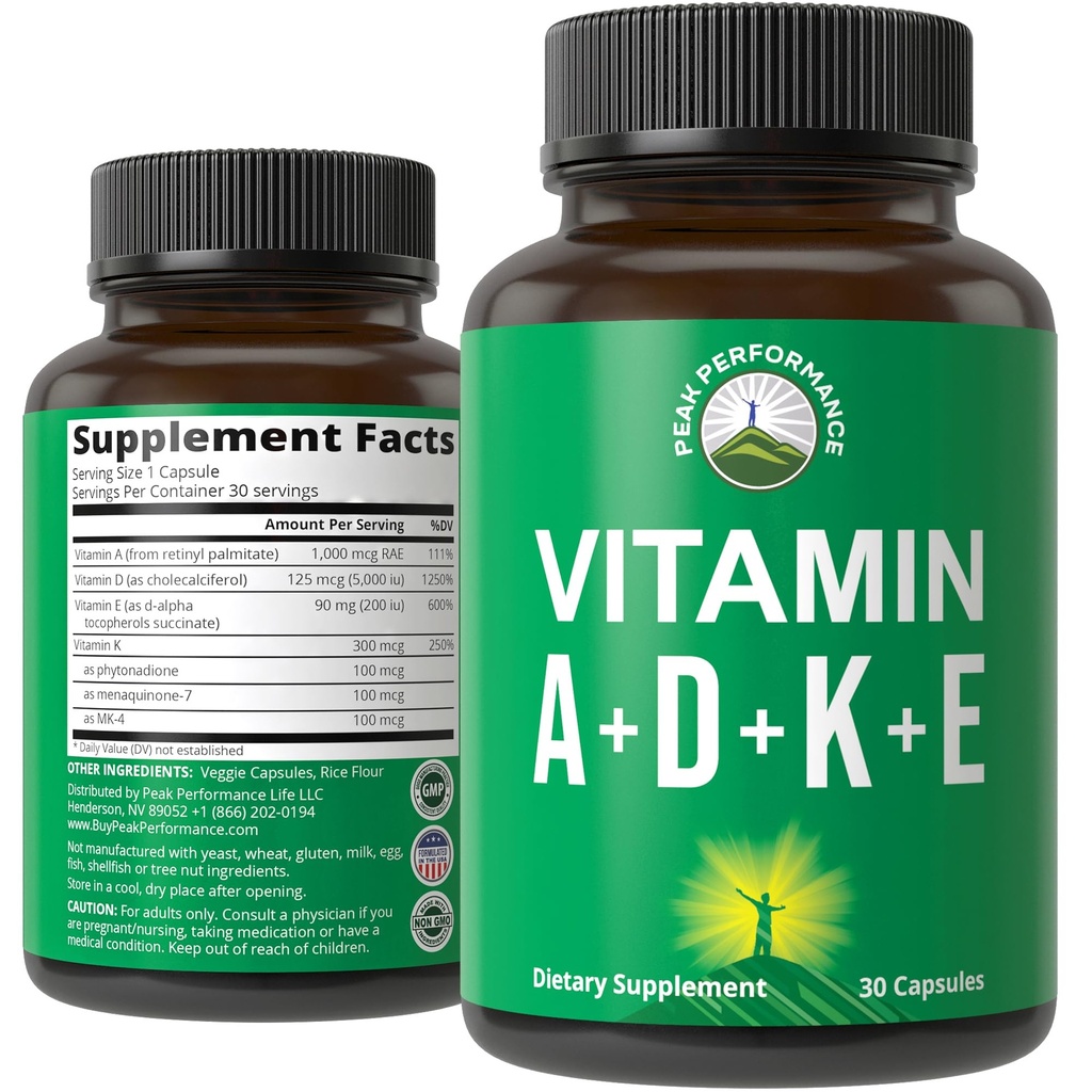 Peak Performance Vitaminer D 5.000 iu + A + K + E Alt i 1 Let at synke Vegan Capsule. ADK vitamin supplement med E D3 K2. Essentielle vitaminer til mad, immunforsvar, ben, Vision, hjerte