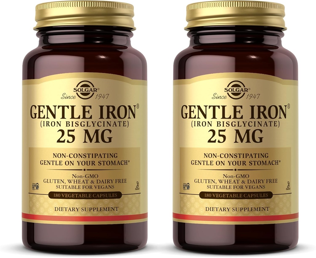 Solgar Gentle Jern (Iron Bisglycinate) 25 mg - 180 Vegetabilske kapsler, Pakning med 2 - Non- Constipating, Gendel på din mave - Non- GMO, Gluten Free - 360 Total Servering