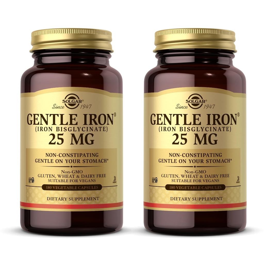 Solgar Gentle Jern (Iron Bisglycinate) 25 mg - 180 Vegetabilske kapsler, Pakning med 2 - Non- Constipating, Gendel på din mave - Non- GMO, Gluten Free - 360 Total Servering