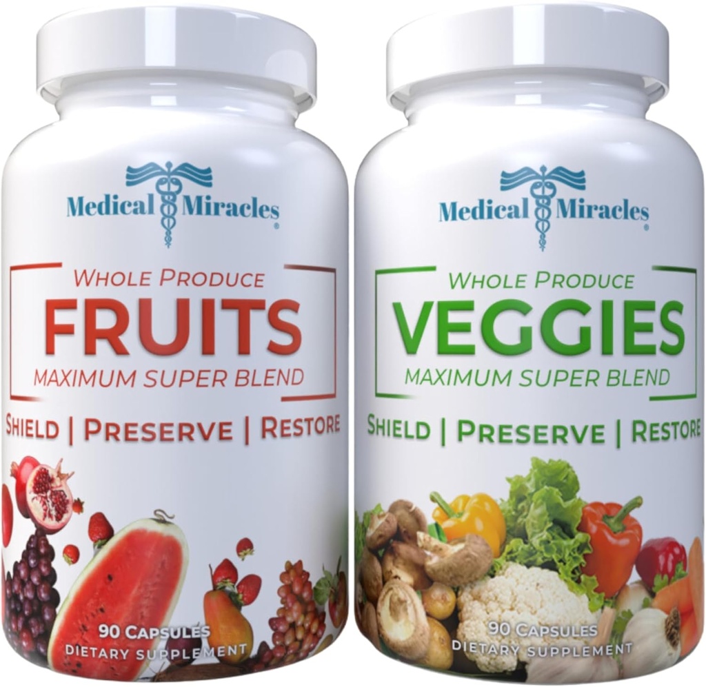 Medicinske Mirakler Frugt og Grøntsager Kosttilskud - Indeholder 90 Veggie og 90 Frugtkapsler (180 Total) - Fremstillet med hele fødevarer Superfood, 17 Veggies og 17 Frugter - til daglig brug - Made in USA