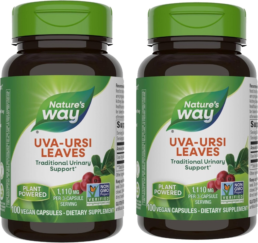 Nature 's Way Uva Ursi Leaves, Traditional Urinary Support *, 1,110 mg pr 3 - Capsule Serving, Non- GMO Project Verified, Herbal Kosttilskud, 100 Veganske Kapsler (Packaging May Vary) - 2 Pack