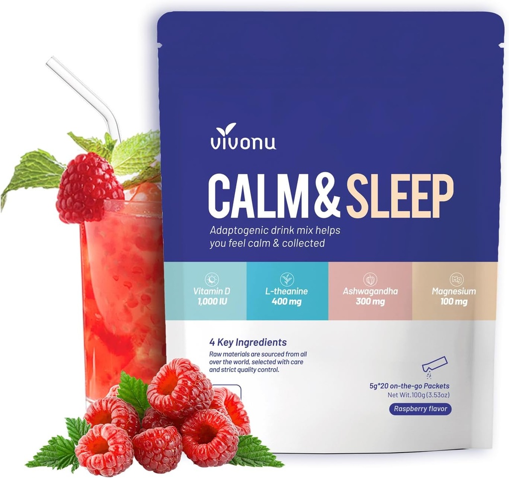 VivoNu rolige & søvn pulveriserede drik Mix Hindbær L Theanine Ksm- 66 Ashwagandha Magnesium Glycinate D-vitamin 3 Kosttilskud til afslapning og fokus (VSC _ M2)