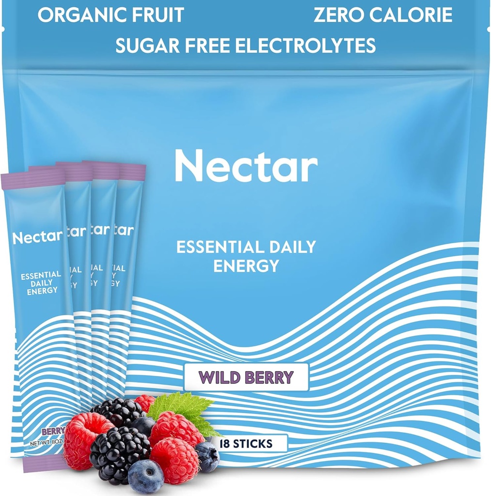 Nectar Energy Booster - Organic Coffein, B12 & Electrolytes - Sukker Free & Zero Calorie - Sund kaffe, Energidrik & Soda Alternativ - Hydration & Energy Supplement (Berry 18 Powder Packets)