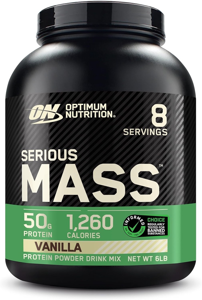 Optimal ernæring Alvorlig masse, vægt Gainer Protein Powder, Mass Gainer, C-vitamin og zink til immunforsvar, Creatin, Vanilla, 6 Pound (Packaging May Vary)