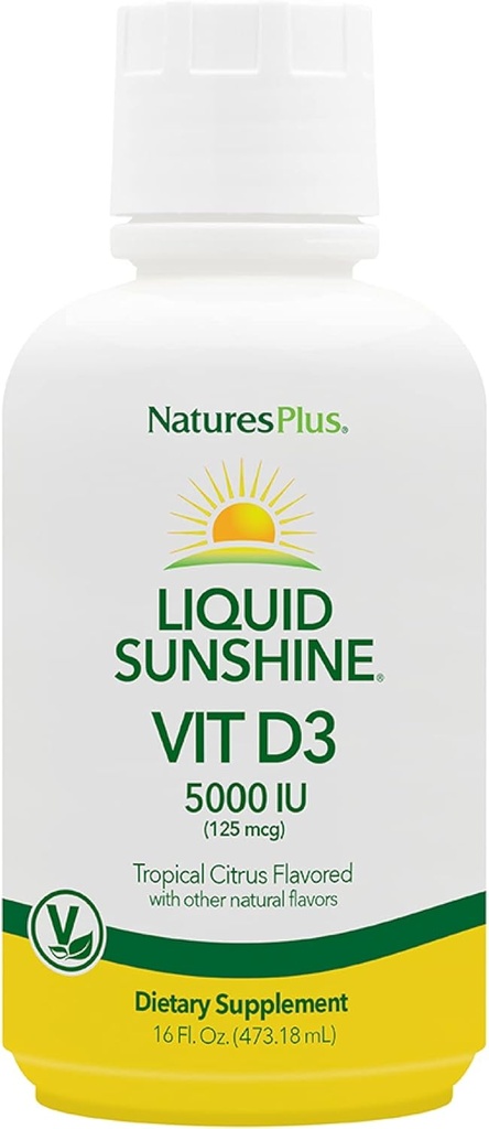 Natures Plus Liquid Sunshine Vitamin D3- 5000 IE, 16 fl oz - Lækker Tropical Citrus Flavor - Knoglesundhed, hjerte sundhed & immunsystemet Support - Gluten Free - 32 Servere