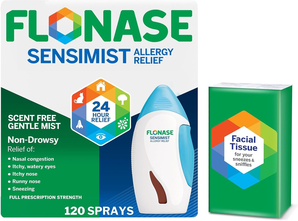 Flonase sensitivitet Allergi Relief Nasal Spray - Non-Drowsy 24HR lang holdbarhed Allergi Relief med fine, Scent- Free Mist - 120 spray Plus Bonus pakke af væv