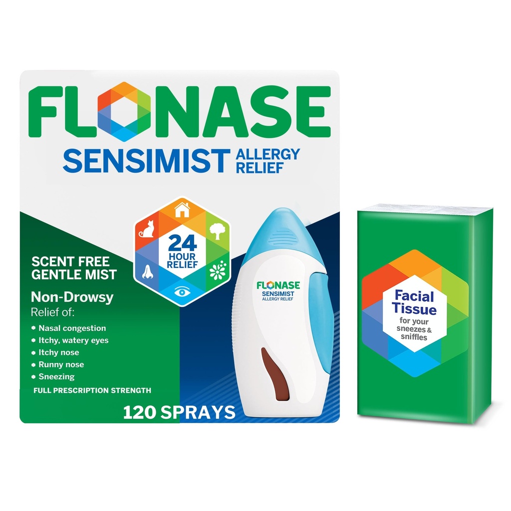 Flonase sensitivitet Allergi Relief Nasal Spray - Non-Drowsy 24HR lang holdbarhed Allergi Relief med fine, Scent- Free Mist - 120 spray Plus Bonus pakke af væv