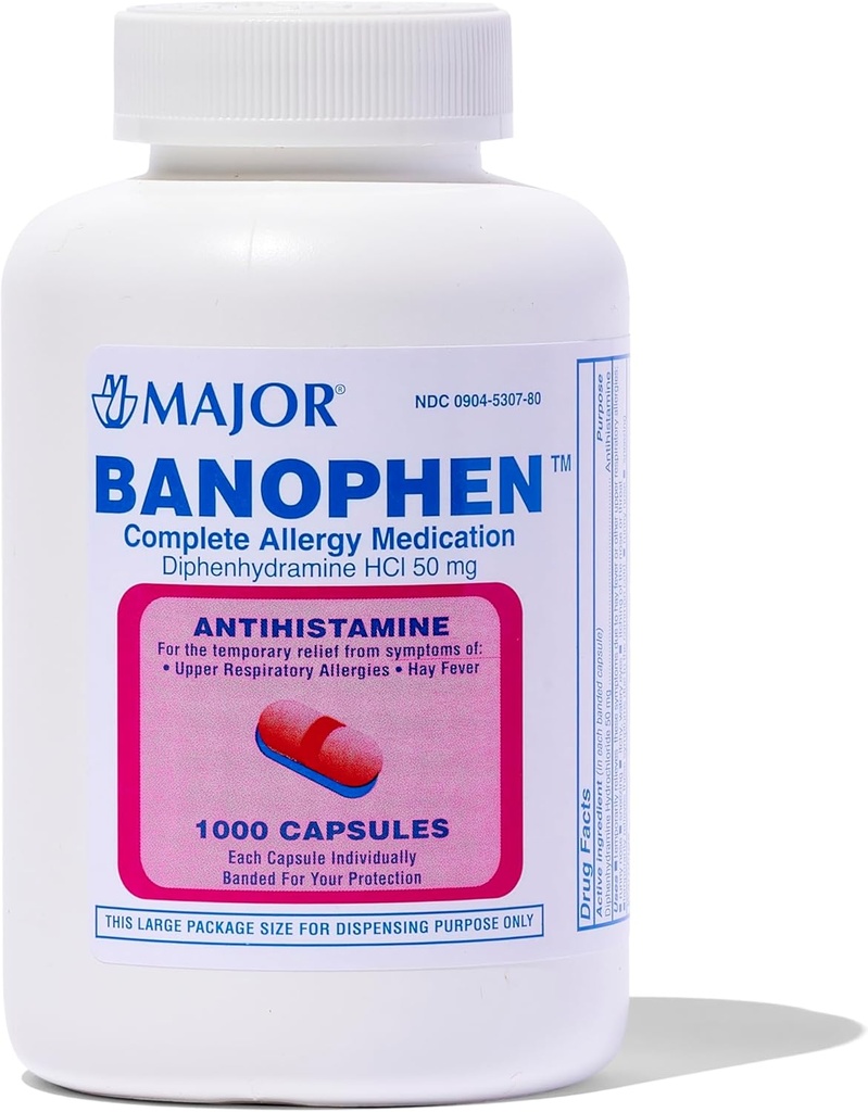 MAJOR Banophen Diphenhydramin HCI 50 mg kapsler - Midlertidig lindring fra symptomerne på Hay Fever og øvre luftveje - Antihistamin - Allergimedicin - 1000 kapsler (1 - Pack)