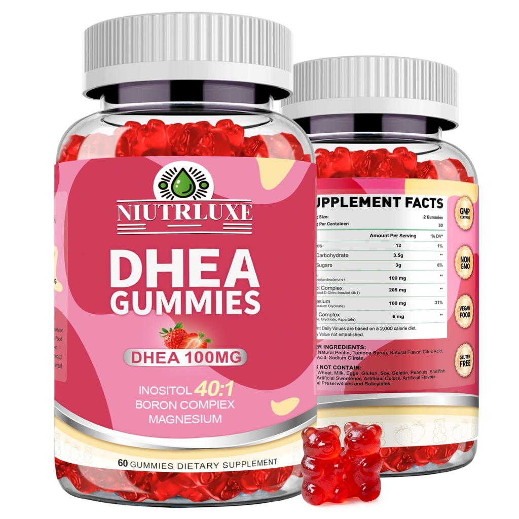 DHEA Gummies, DHEA Kosttilskud til kvinder, DHEA 100mg Chewable with Boron, Inositol and Magnesium, Pro- Aging, Ovarial Support, Sleep Support, Vegan, 60 Counts